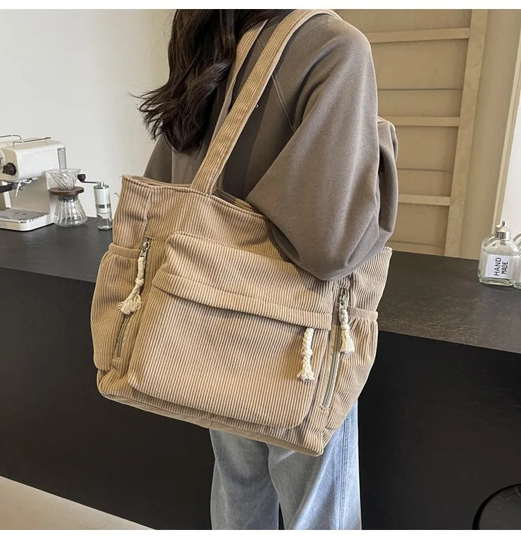 Travel Master Corduroy Shoulder Bag Handbag with Zipper Multiple Pocket Tote Bag For Women Solid Color Daily Commuter Handbag