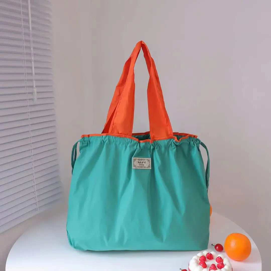 Portable nylon color block shopping bag foldable handbag