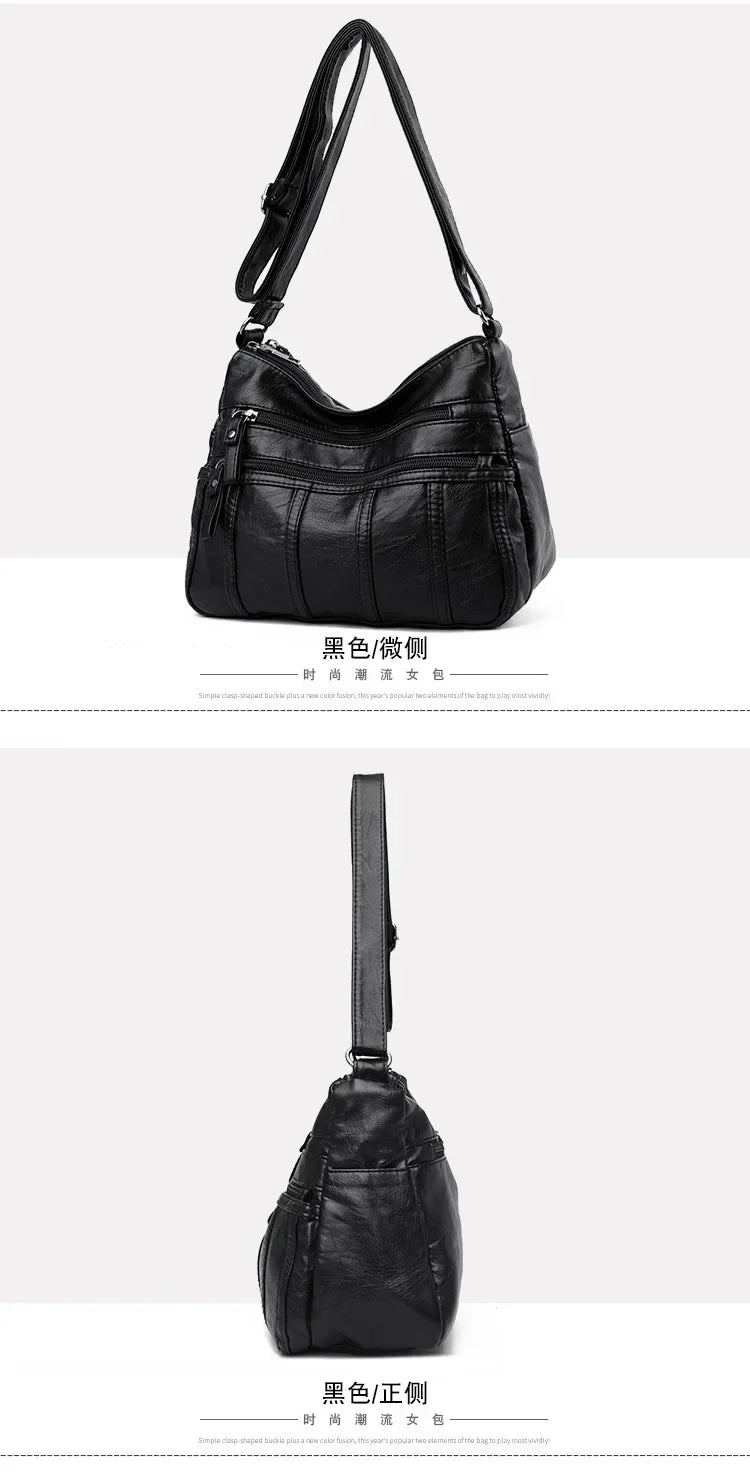 Women's Fashion Soft Leather Crossbody Bag 2024 Casual Multi-Pocket Messenger Retro Handbag Ladies Shoulder Bag with Zipper