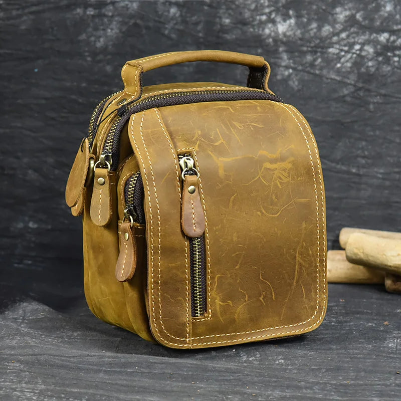 100% genuine leather messenger bags retro cow leather man bag corssbody handlebags multifunction waist bags mini shoulder bag