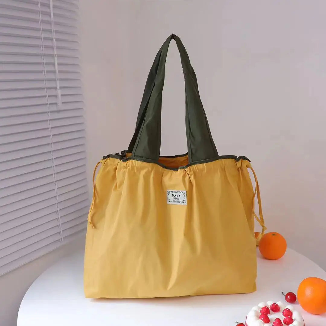 Portable nylon color block shopping bag foldable handbag