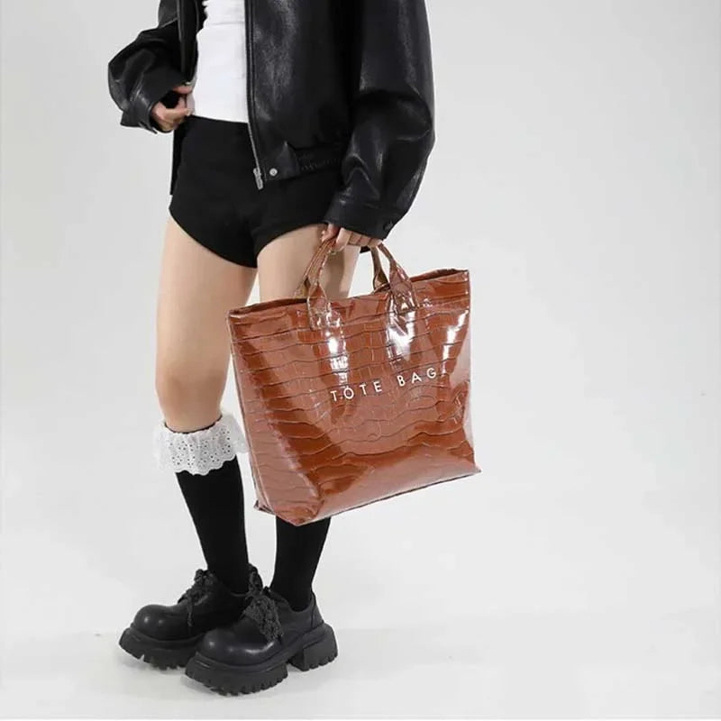 Crocodile Texture Tote Bag Pvc Kraft Paper Large Capacity Luxury Hobo Handbag Women Casual Shopping Letters Top Handle Hand Bags