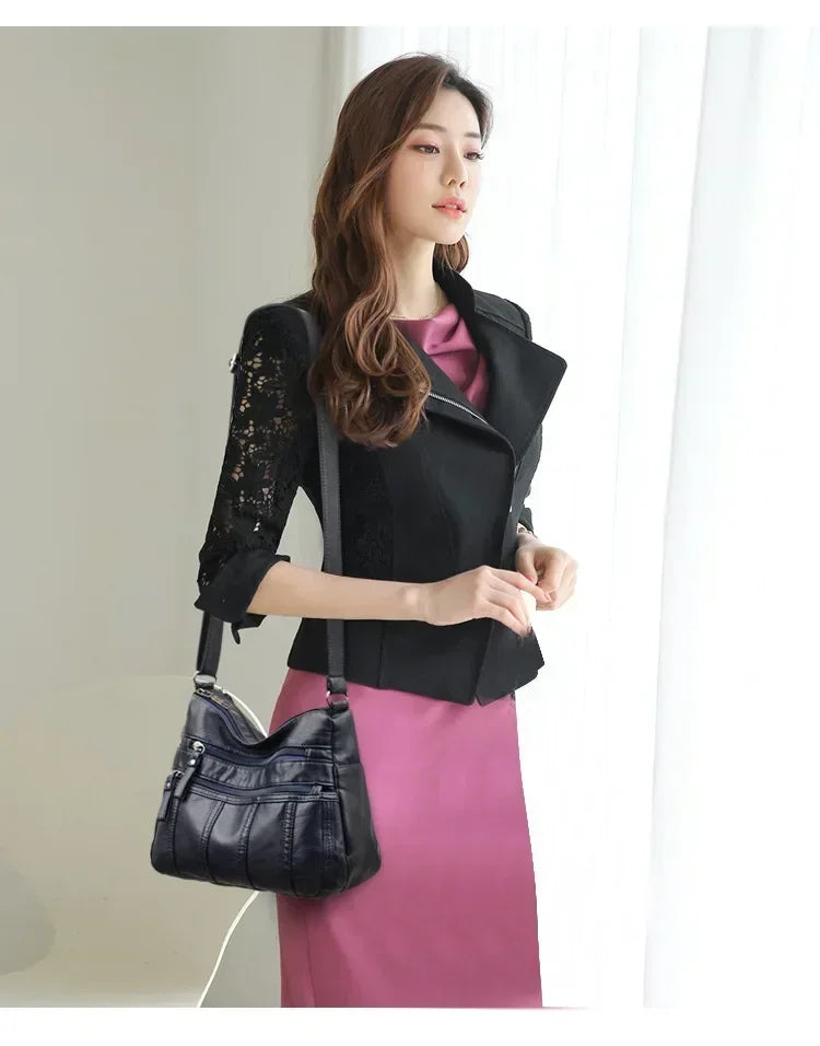 Women's Fashion Soft Leather Crossbody Bag 2024 Casual Multi-Pocket Messenger Retro Handbag Ladies Shoulder Bag with Zipper