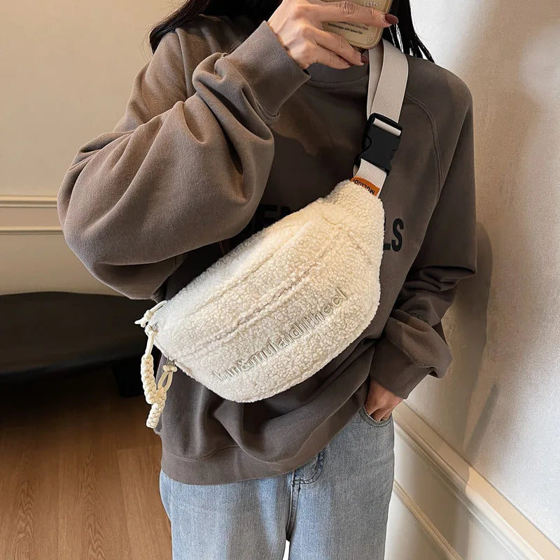 Fleece Sherpa Crossbody Bag for Women Mini Everywhere Belt Bags Fashionable Fanny Pack Large Capacity Waist Pouch Solid Bum Bags