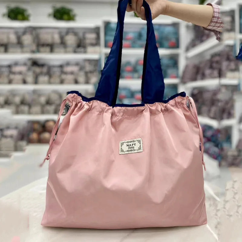 Portable nylon color block shopping bag foldable handbag
