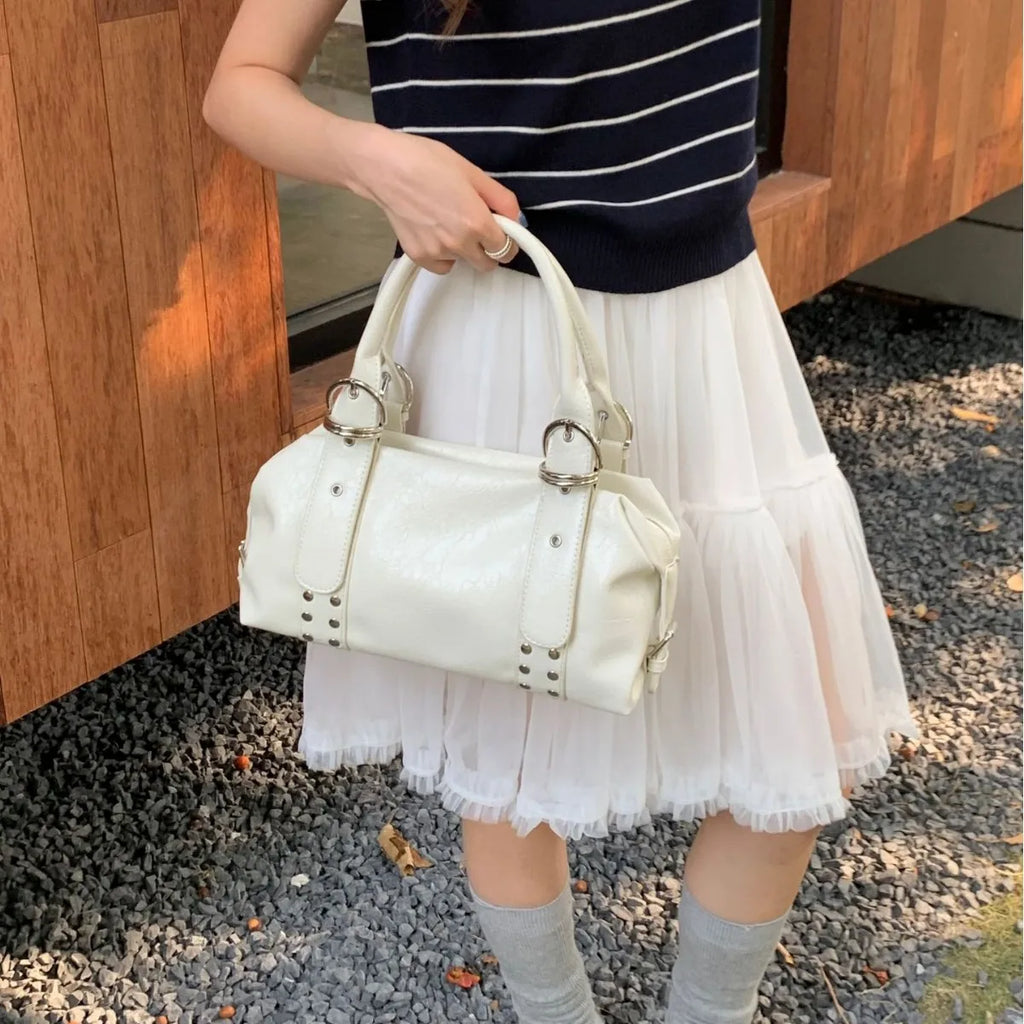 Fashion Rivet Bowling Bag Designer Women Handbags Luxury Soft Pu Leather Shoulder Bags Y2K Motorcycle Bag 2025