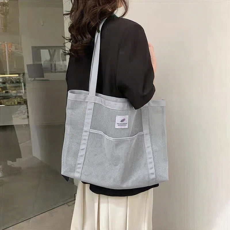 Women'S Summer Mesh Tote Bag Simple Large-Capacity Beach Bag Multi-Functional Shopping Bag Travel Shoulder Bag