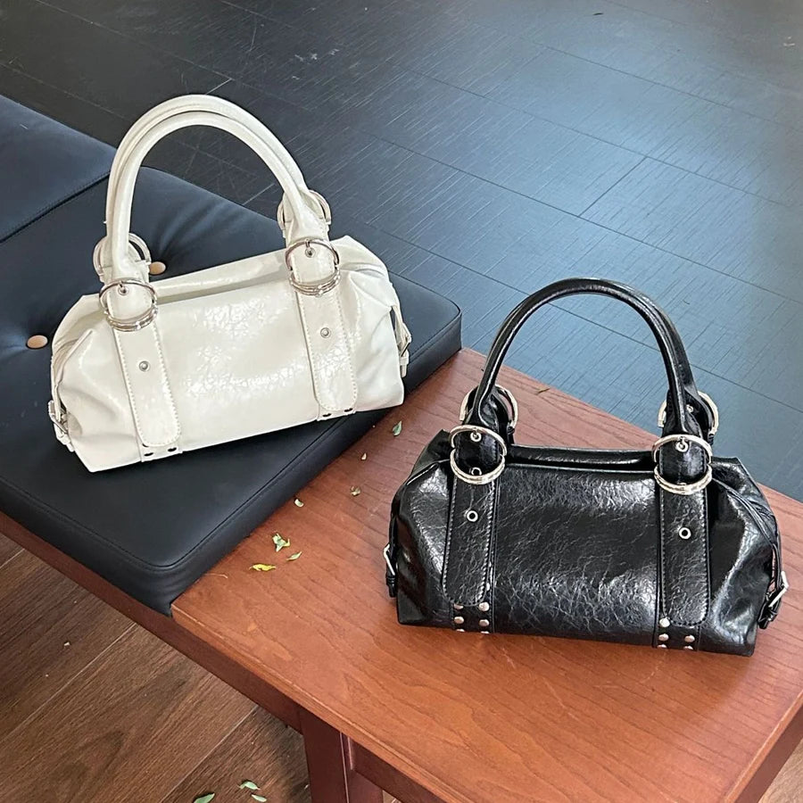 Fashion Rivet Bowling Bag Designer Women Handbags Luxury Soft Pu Leather Shoulder Bags Y2K Motorcycle Bag 2025