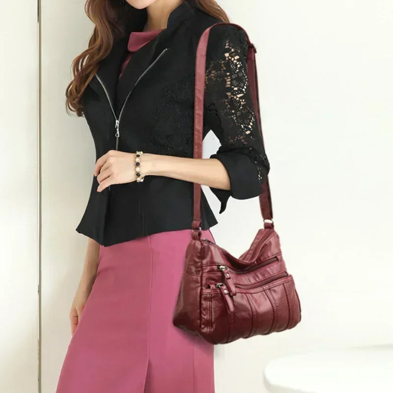 Women's Fashion Soft Leather Crossbody Bag 2024 Casual Multi-Pocket Messenger Retro Handbag Ladies Shoulder Bag with Zipper