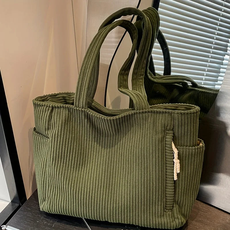 Casual Corduroy Handbag with Zipper Closure Light and Large Capacity Fixed Shoulder Strap Solid Color Daily Commuter Handbag
