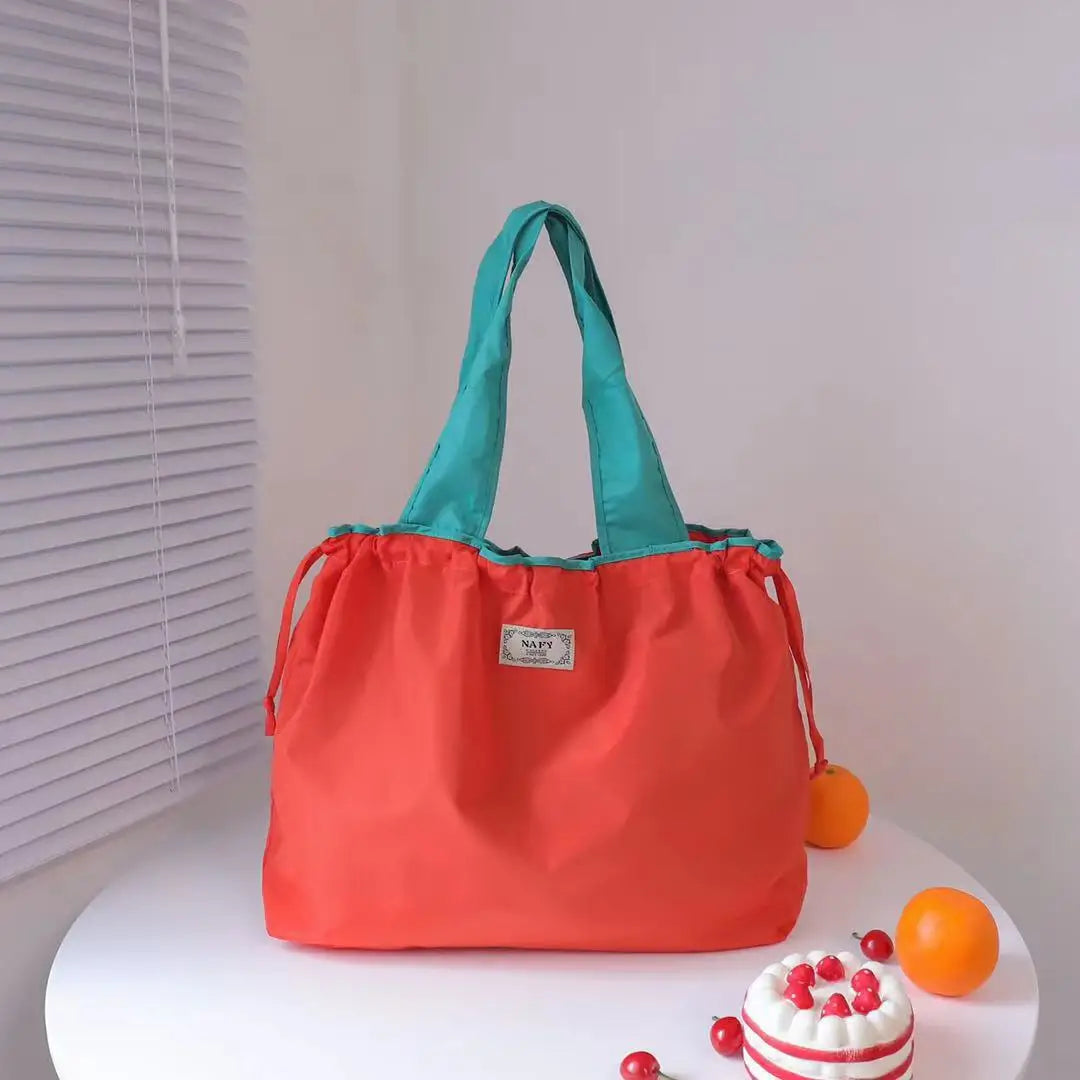 Portable nylon color block shopping bag foldable handbag