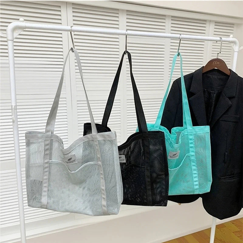 Women'S Summer Mesh Tote Bag Simple Large-Capacity Beach Bag Multi-Functional Shopping Bag Travel Shoulder Bag