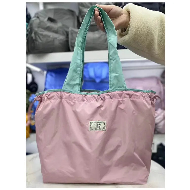 Portable nylon color block shopping bag foldable handbag