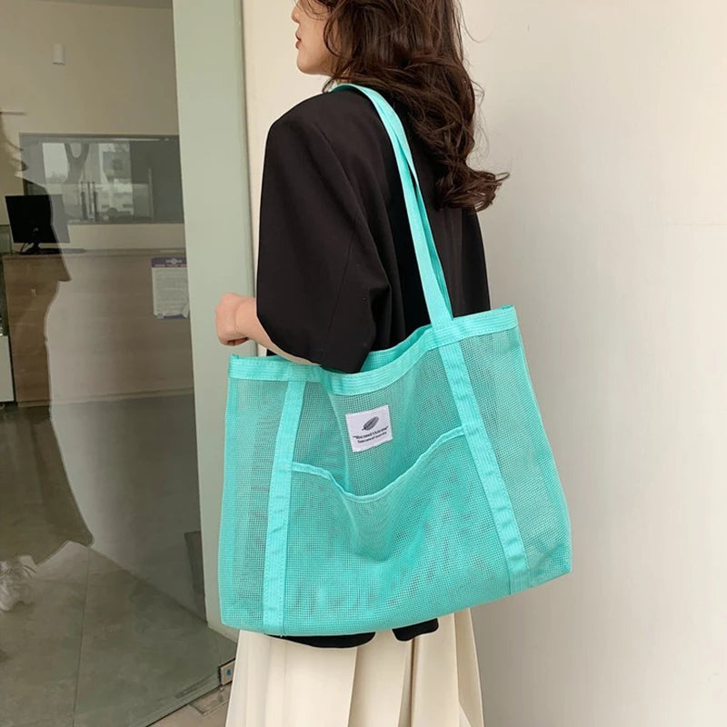 Women'S Summer Mesh Tote Bag Simple Large-Capacity Beach Bag Multi-Functional Shopping Bag Travel Shoulder Bag