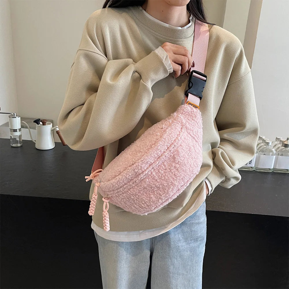 Fleece Sherpa Crossbody Bag for Women Mini Everywhere Belt Bags Fashionable Fanny Pack Large Capacity Waist Pouch Solid Bum Bags