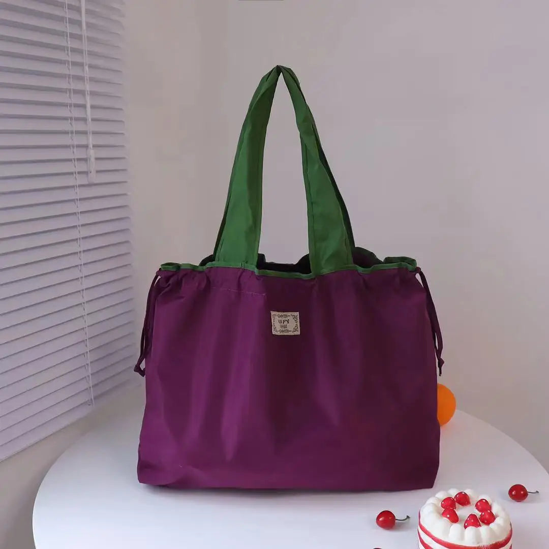 Portable nylon color block shopping bag foldable handbag