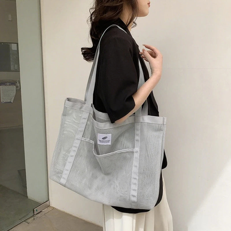 Women'S Summer Mesh Tote Bag Simple Large-Capacity Beach Bag Multi-Functional Shopping Bag Travel Shoulder Bag