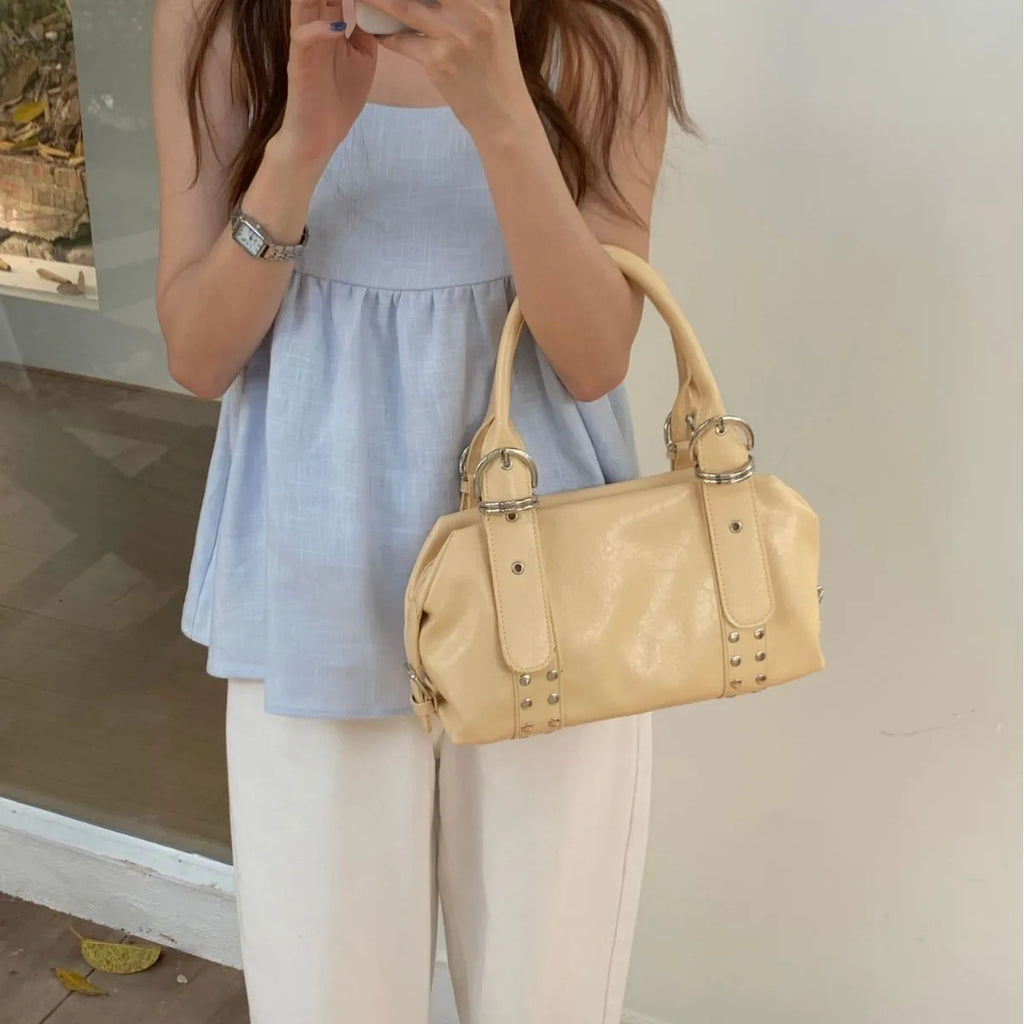 Fashion Rivet Bowling Bag Designer Women Handbags Luxury Soft Pu Leather Shoulder Bags Y2K Motorcycle Bag 2025