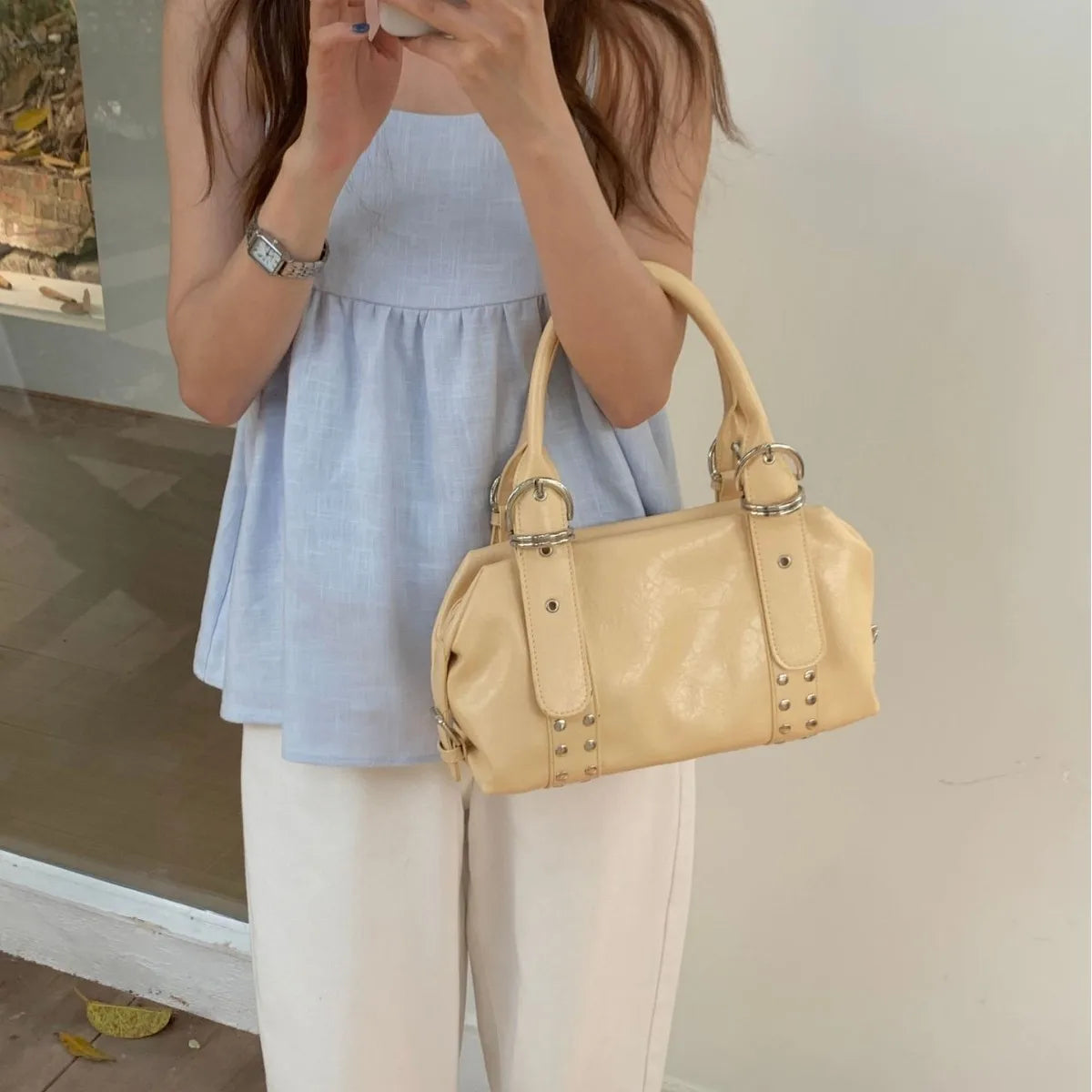 Fashion Rivet Bowling Bag Designer Women Handbags Luxury Soft Pu Leather Shoulder Bags Y2K Motorcycle Bag 2025