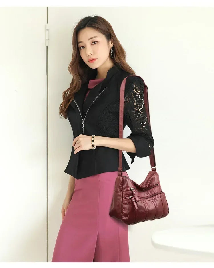 Women's Fashion Soft Leather Crossbody Bag 2024 Casual Multi-Pocket Messenger Retro Handbag Ladies Shoulder Bag with Zipper