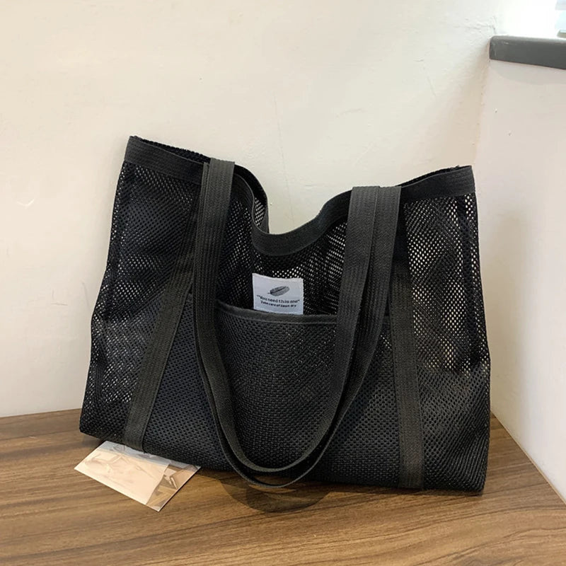 Women'S Summer Mesh Tote Bag Simple Large-Capacity Beach Bag Multi-Functional Shopping Bag Travel Shoulder Bag