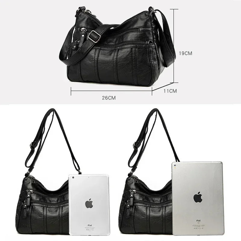 Women's Fashion Soft Leather Crossbody Bag 2024 Casual Multi-Pocket Messenger Retro Handbag Ladies Shoulder Bag with Zipper