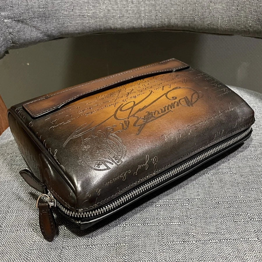 DIMY 2025 Men's Genuine Leather Handbag New High End Large Capacity Luxury Retro Flip Cover Handbag Men's Style High End