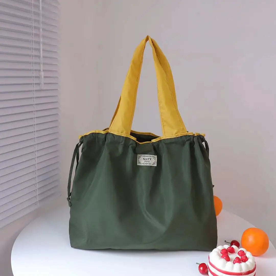 Portable nylon color block shopping bag foldable handbag