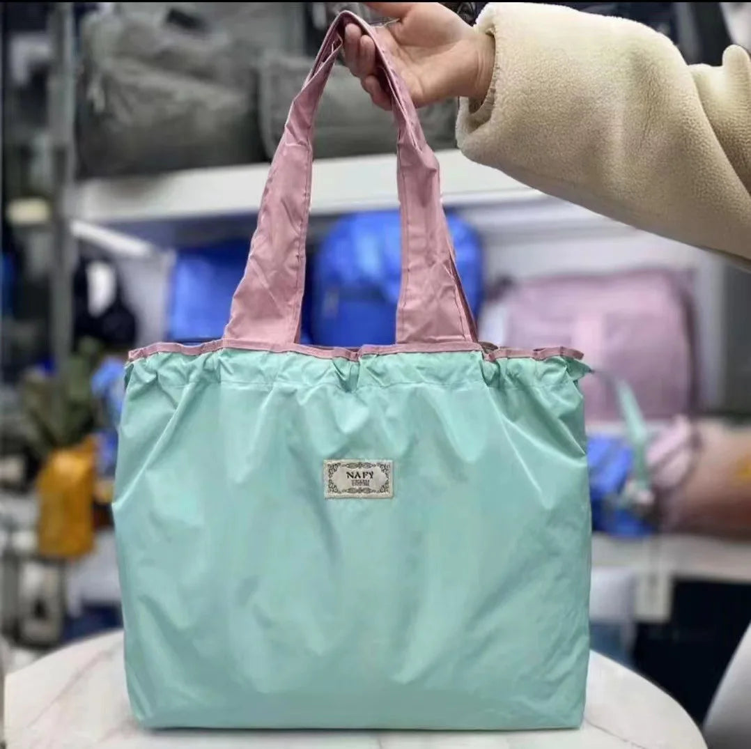 Portable nylon color block shopping bag foldable handbag