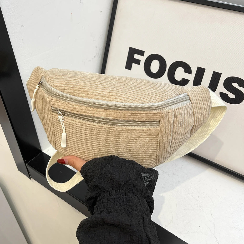 Women Waist Bag Corduroy Student Shoulder Handbag Crossbody Chest Breast Bag Fanny Pack Fashion Phone Female Bum Belt Purse
