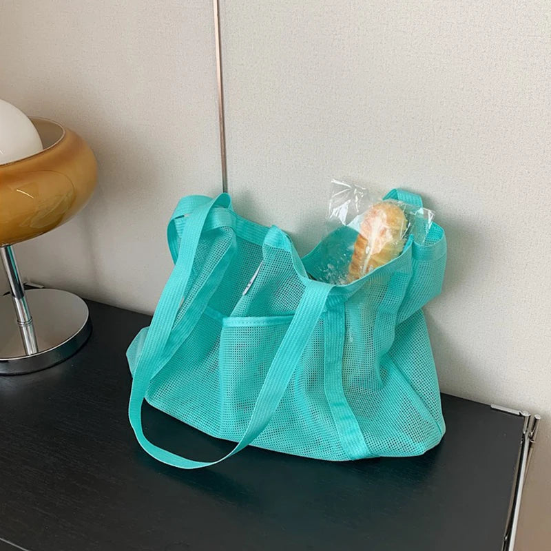 Women'S Summer Mesh Tote Bag Simple Large-Capacity Beach Bag Multi-Functional Shopping Bag Travel Shoulder Bag