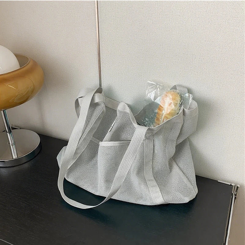 Women'S Summer Mesh Tote Bag Simple Large-Capacity Beach Bag Multi-Functional Shopping Bag Travel Shoulder Bag