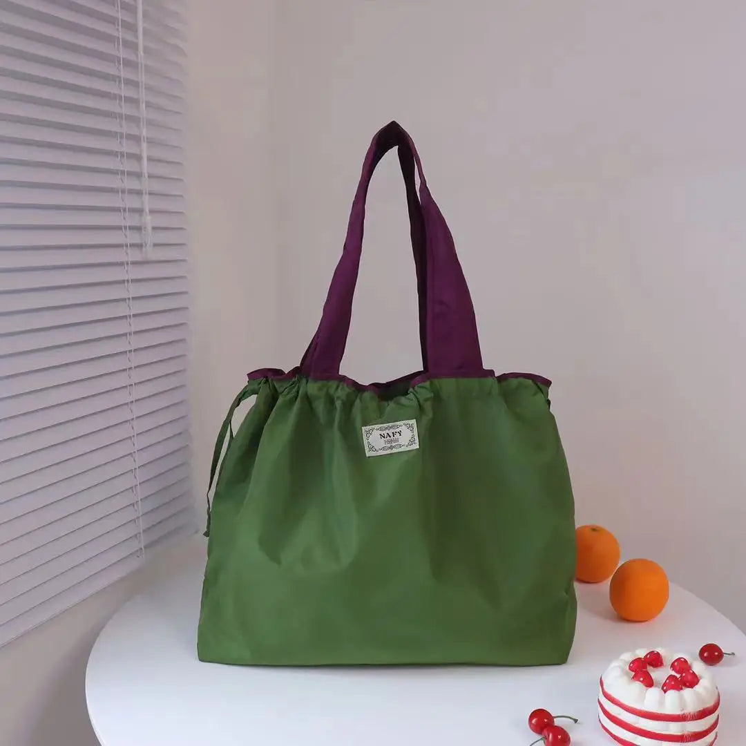 Portable nylon color block shopping bag foldable handbag