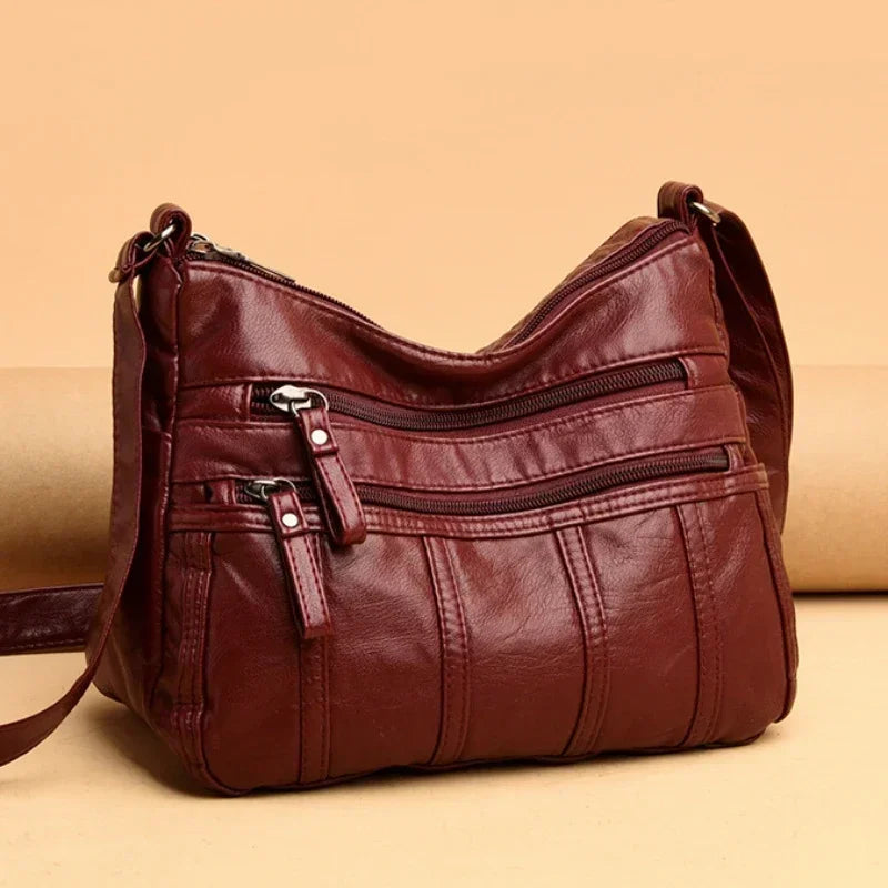 Women's Fashion Soft Leather Crossbody Bag 2024 Casual Multi-Pocket Messenger Retro Handbag Ladies Shoulder Bag with Zipper