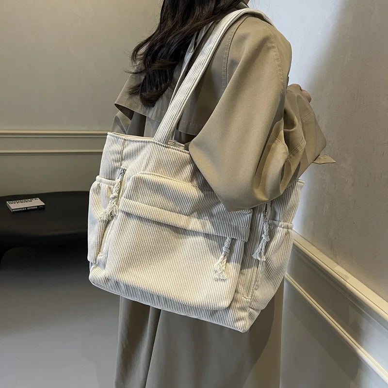 Travel Master Corduroy Shoulder Bag Handbag with Zipper Multiple Pocket Tote Bag For Women Solid Color Daily Commuter Handbag