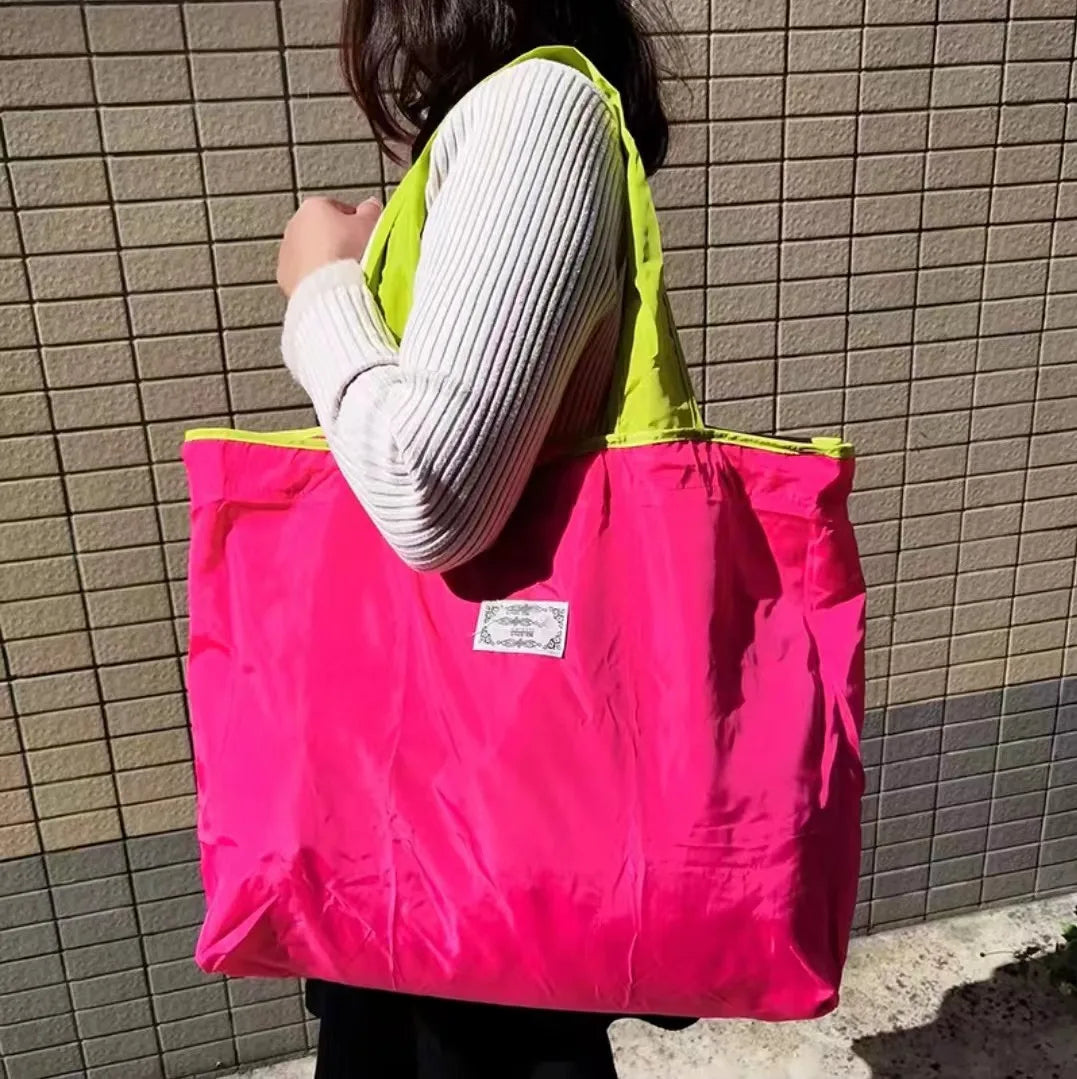 Portable nylon color block shopping bag foldable handbag