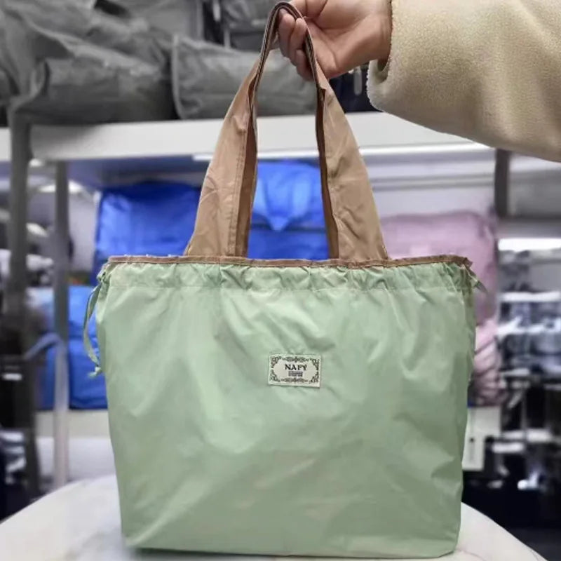 Portable nylon color block shopping bag foldable handbag