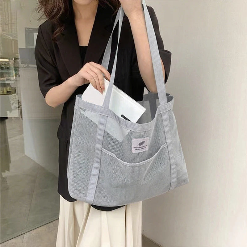 Women'S Summer Mesh Tote Bag Simple Large-Capacity Beach Bag Multi-Functional Shopping Bag Travel Shoulder Bag