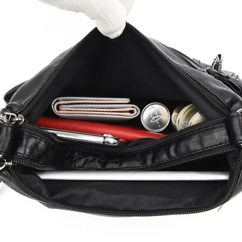 Women's Fashion Soft Leather Crossbody Bag 2024 Casual Multi-Pocket Messenger Retro Handbag Ladies Shoulder Bag with Zipper