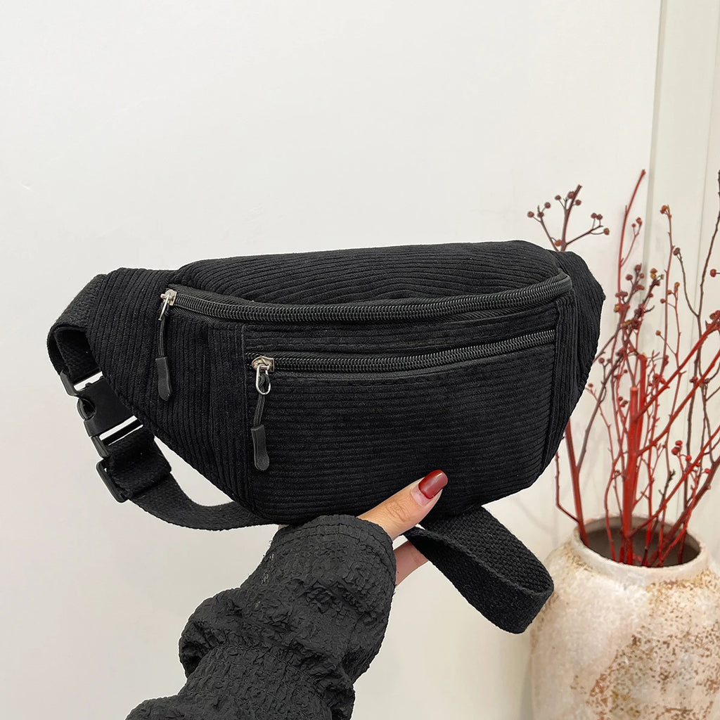 Women Waist Bag Corduroy Student Shoulder Handbag Crossbody Chest Breast Bag Fanny Pack Fashion Phone Female Bum Belt Purse