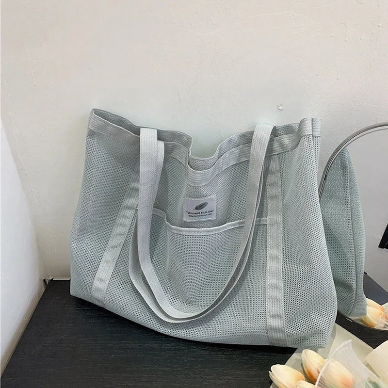 Women'S Summer Mesh Tote Bag Simple Large-Capacity Beach Bag Multi-Functional Shopping Bag Travel Shoulder Bag