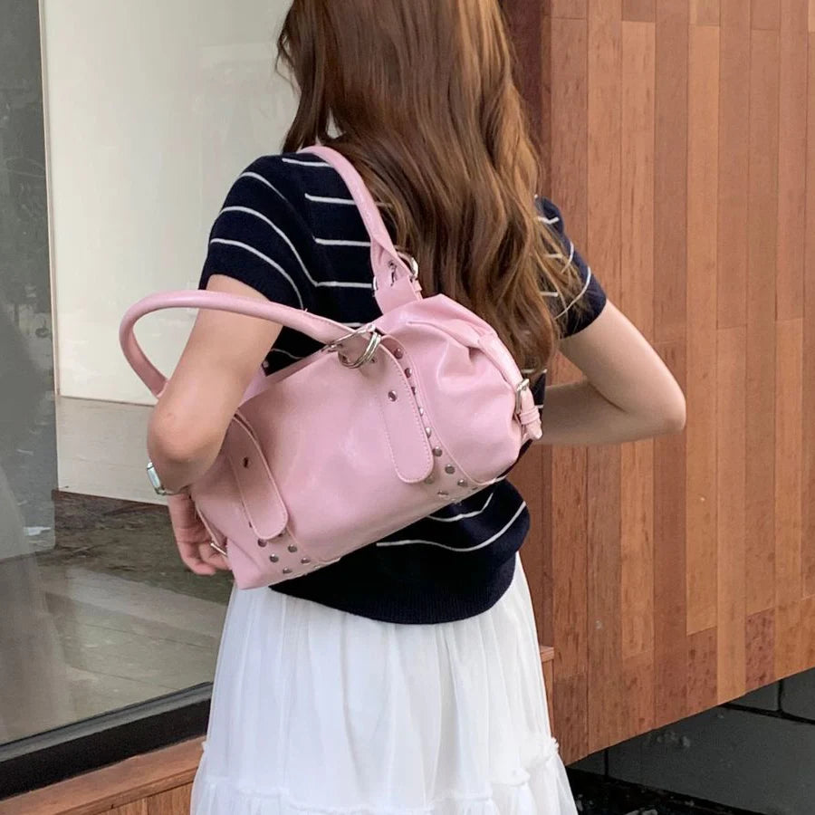 Fashion Rivet Bowling Bag Designer Women Handbags Luxury Soft Pu Leather Shoulder Bags Y2K Motorcycle Bag 2025