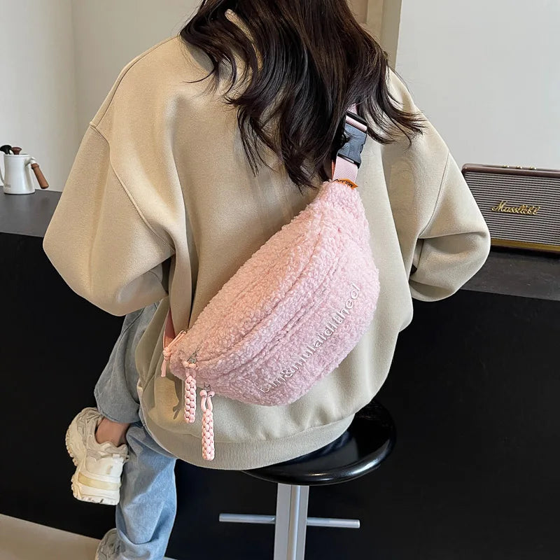 Fleece Sherpa Crossbody Bag for Women Mini Everywhere Belt Bags Fashionable Fanny Pack Large Capacity Waist Pouch Solid Bum Bags