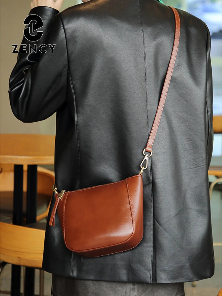 Zency Genuine Leather Small Beige Handbag Crossbody For Ladies Retro Black Phone Purse Women's Shoulder Messenger Bags Sac