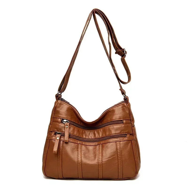 Women's Fashion Soft Leather Crossbody Bag 2024 Casual Multi-Pocket Messenger Retro Handbag Ladies Shoulder Bag with Zipper