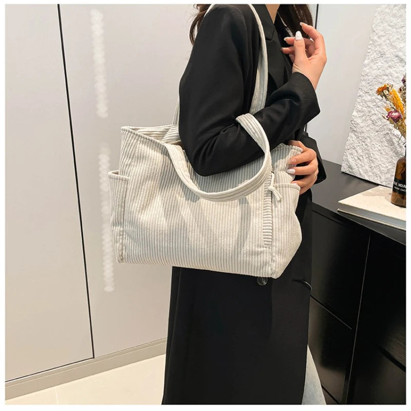 Casual Corduroy Handbag with Zipper Closure Light and Large Capacity Fixed Shoulder Strap Solid Color Daily Commuter Handbag