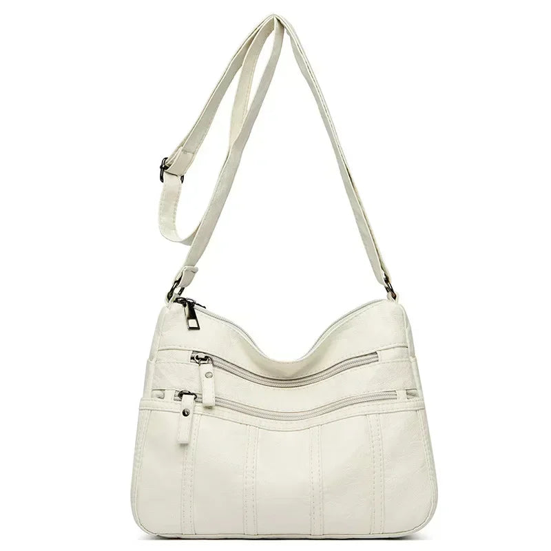 Women's Fashion Soft Leather Crossbody Bag 2024 Casual Multi-Pocket Messenger Retro Handbag Ladies Shoulder Bag with Zipper