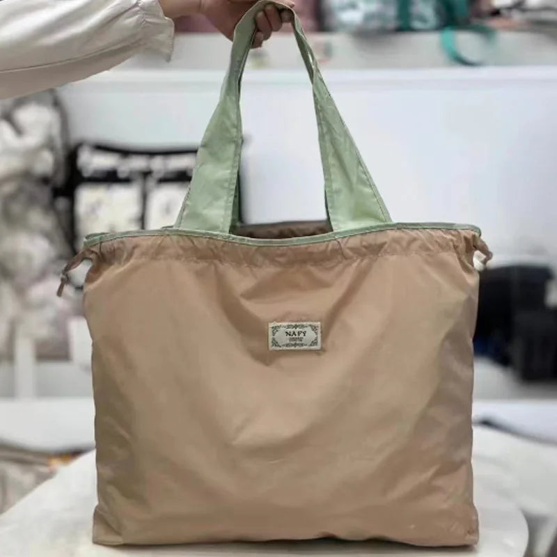 Portable nylon color block shopping bag foldable handbag