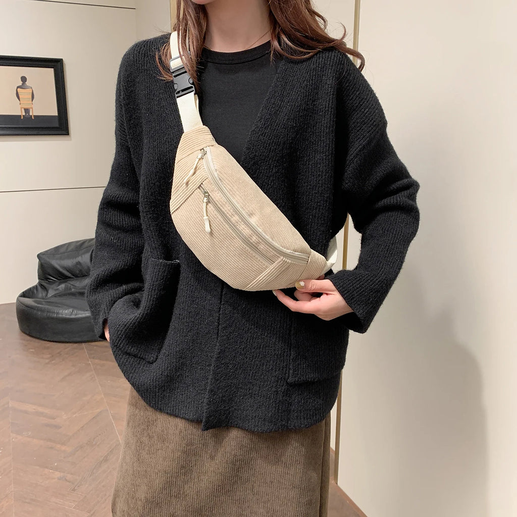 Women Waist Bag Corduroy Student Shoulder Handbag Crossbody Chest Breast Bag Fanny Pack Fashion Phone Female Bum Belt Purse