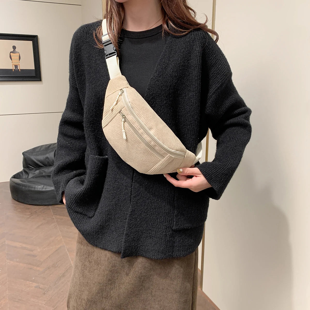Women Waist Bag Corduroy Student Shoulder Handbag Crossbody Chest Breast Bag Fanny Pack Fashion Phone Female Bum Belt Purse